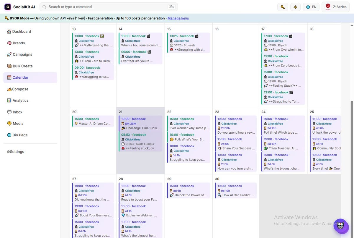 Content calendar — a full month of scheduled posts with times and platform badges