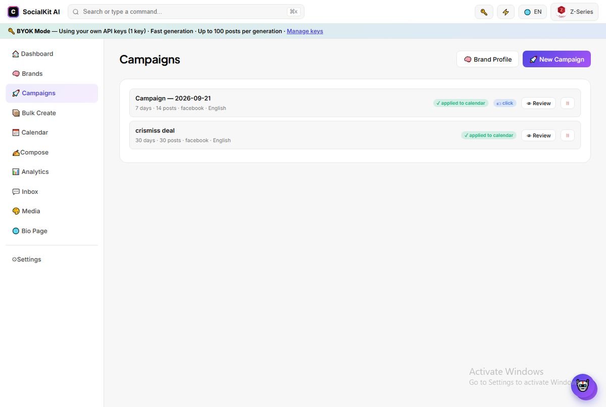 Campaign planner — live campaigns with goal, duration and post count