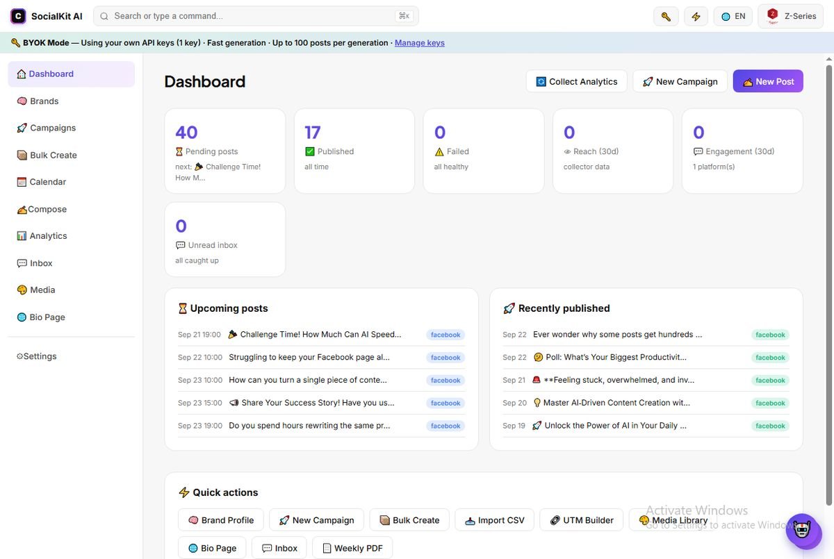 SocialKit AI v9 dashboard — stats cards for pending, published and failed posts, upcoming queue and quick actions