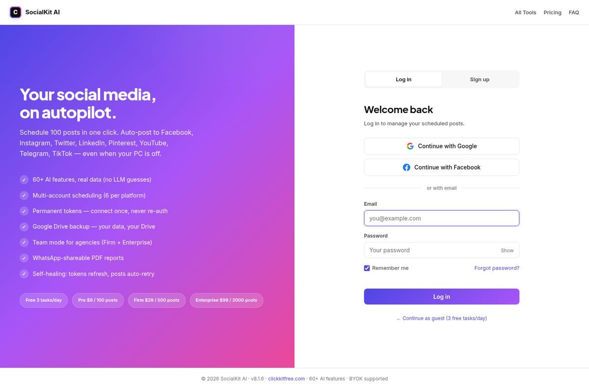 SocialKit AI login page on desktop — split layout with features panel and sign-in card