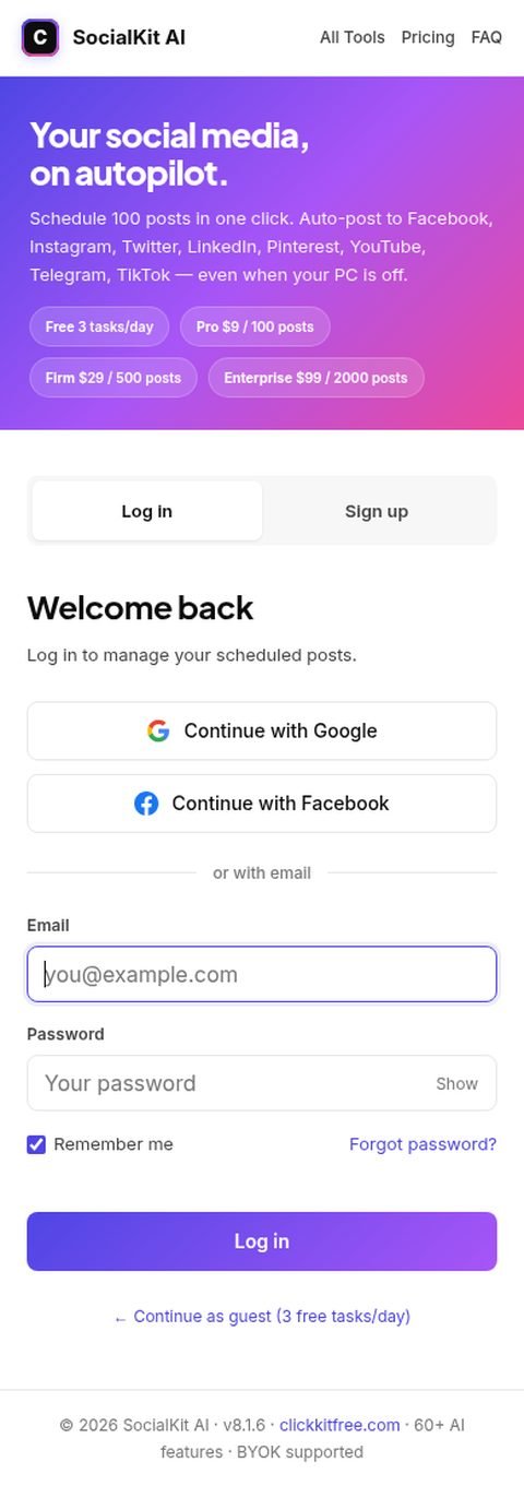SocialKit AI login page on a phone — compact hero with sign-in form